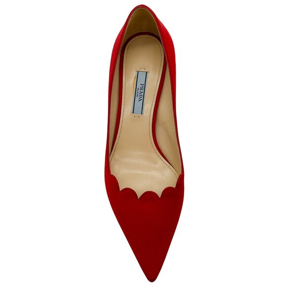 Prada Red Suede Scalloped Edge Kitten Heel Pumps - Picture 4 of 6